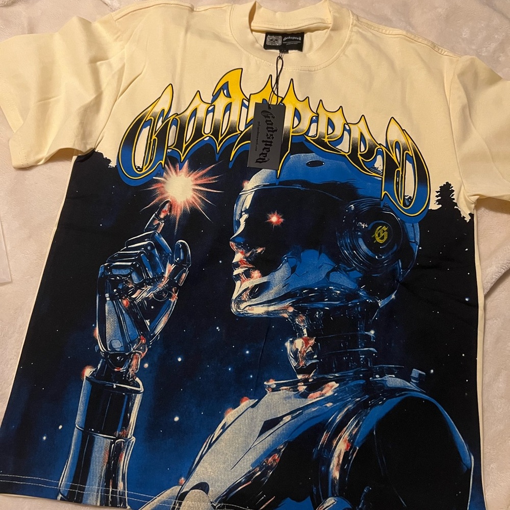 Adult Godspeed Robot Graphic Tee - Cream and Blue